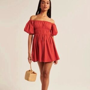 Abercrombie & Fitch Red Mini Sundress ST Stretch Balloon Sleeves Babydoll Casual